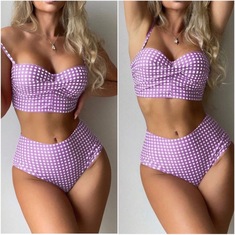 Gingham Pink Print Padded High waisted Swim Beach Bikini S M L XL